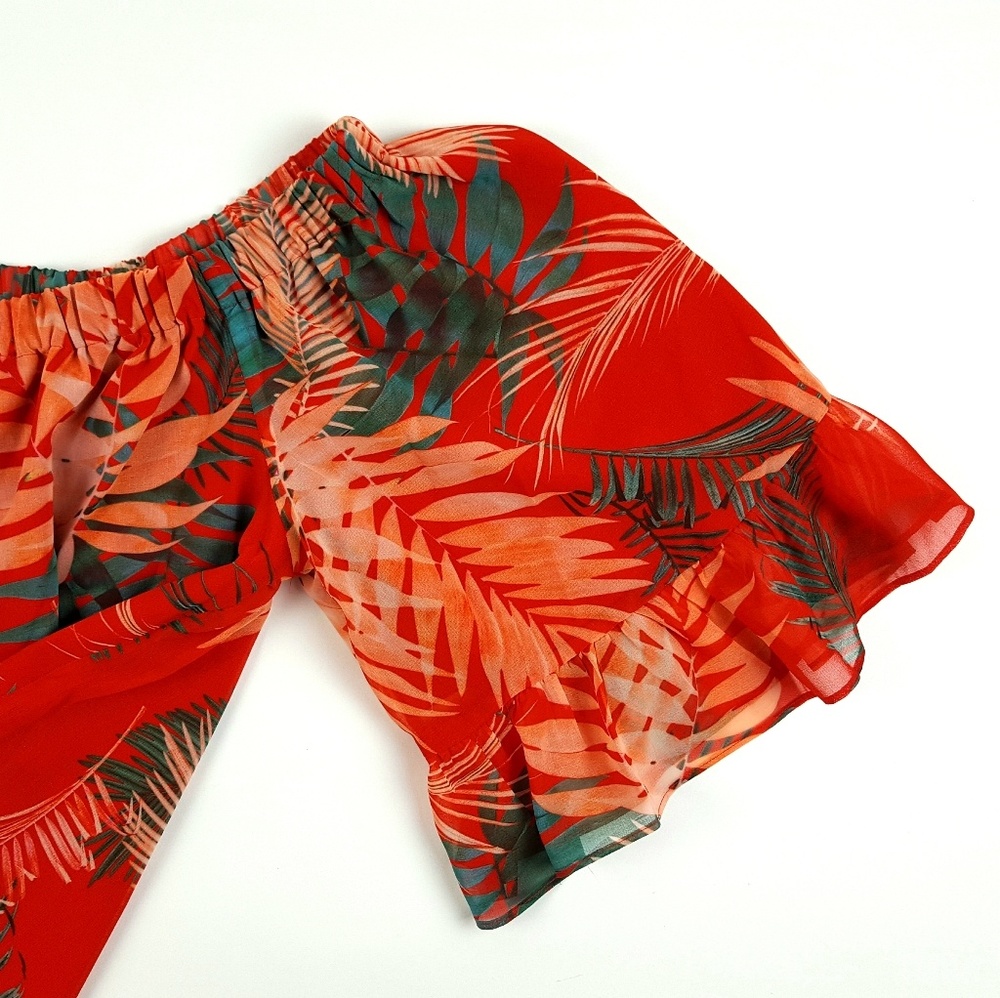 NWT REBECCA MINKOFF Faith Lipstick Print Tropical Palm Off Shoulder Ruffle - Picture 6 of 8